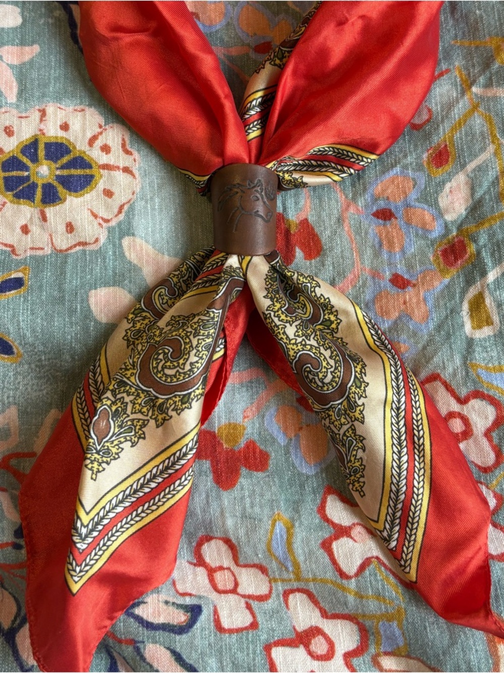 Vintage Western Scarf + Leather Horse Scarf Slide Set Red Paisley 26x26